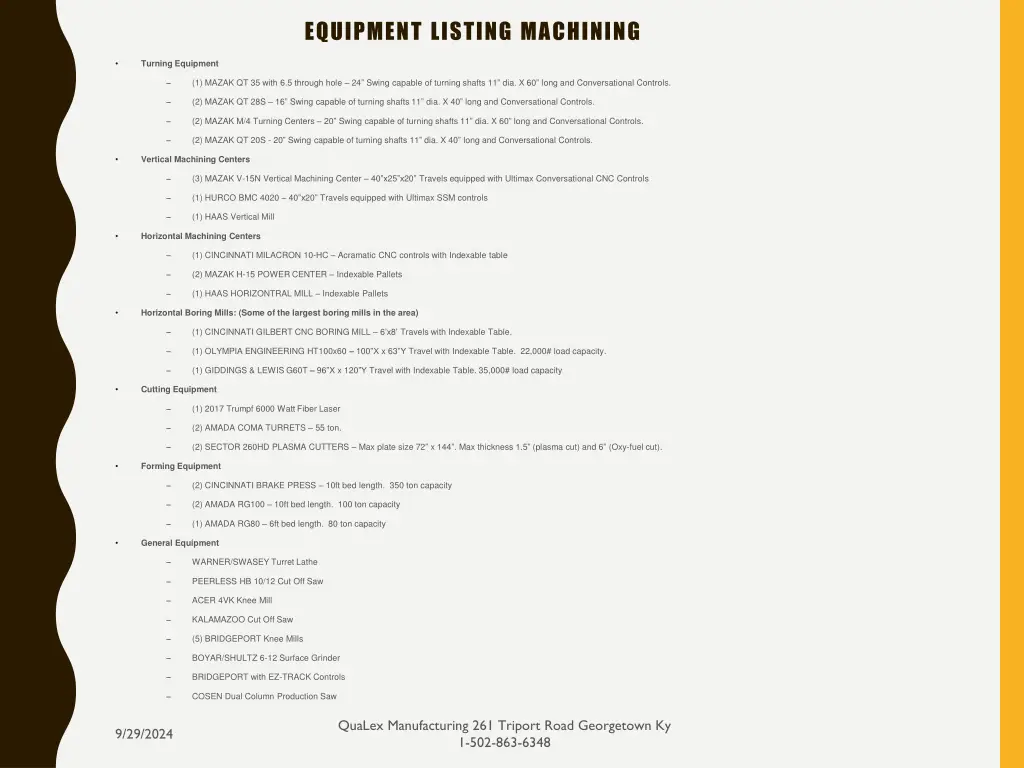 equipment listing machining