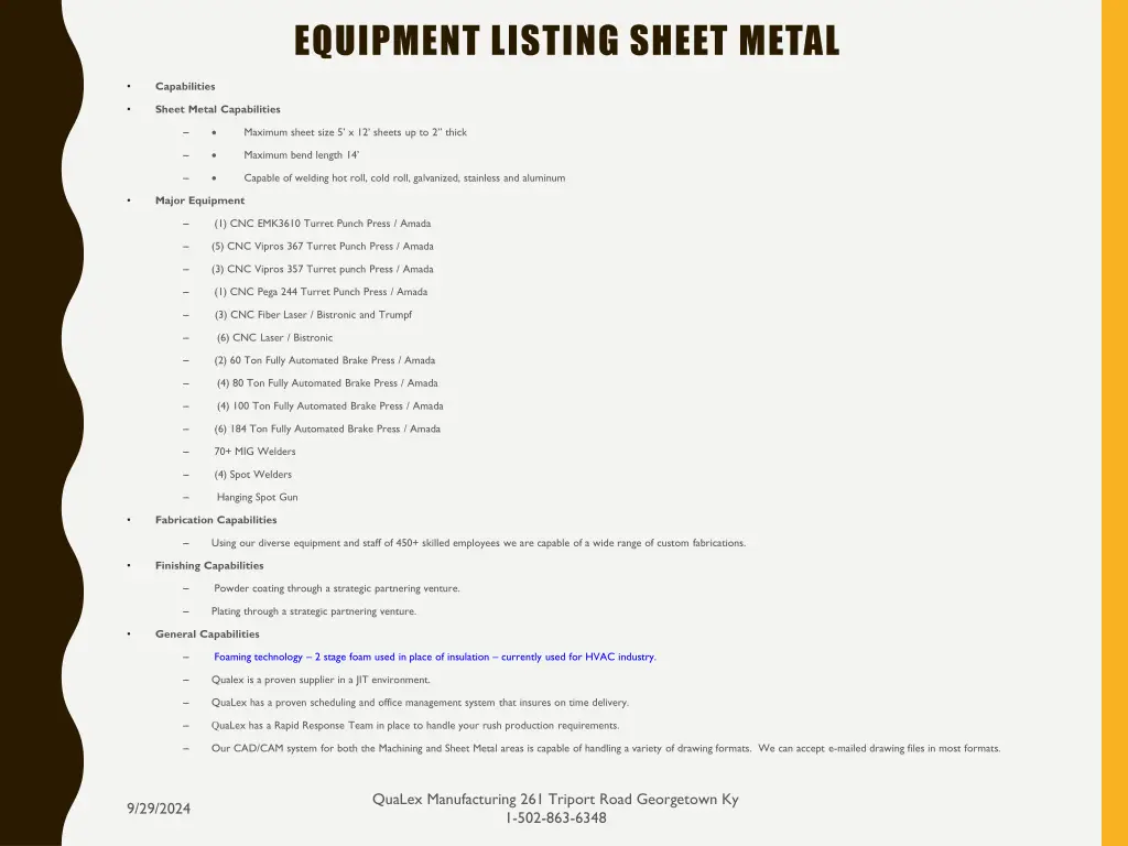 equipment listing sheet metal