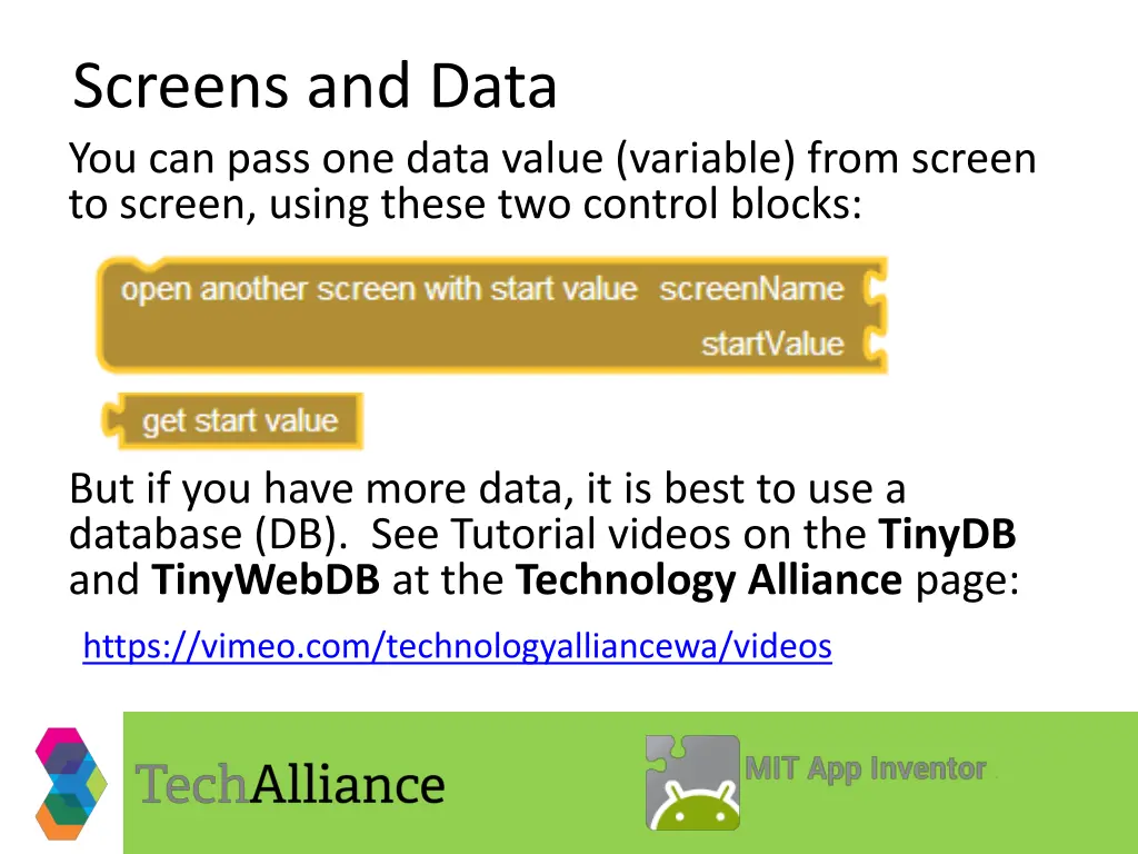 screens and data you can pass one data value