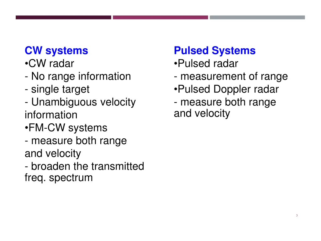 cw systems cw radar no range information single