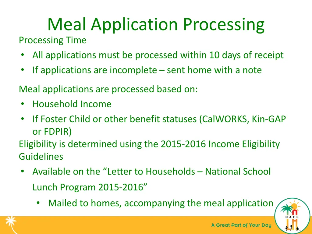 meal application processing processing time