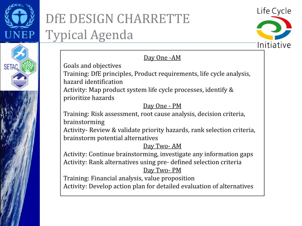 dfe design charrette typical agenda