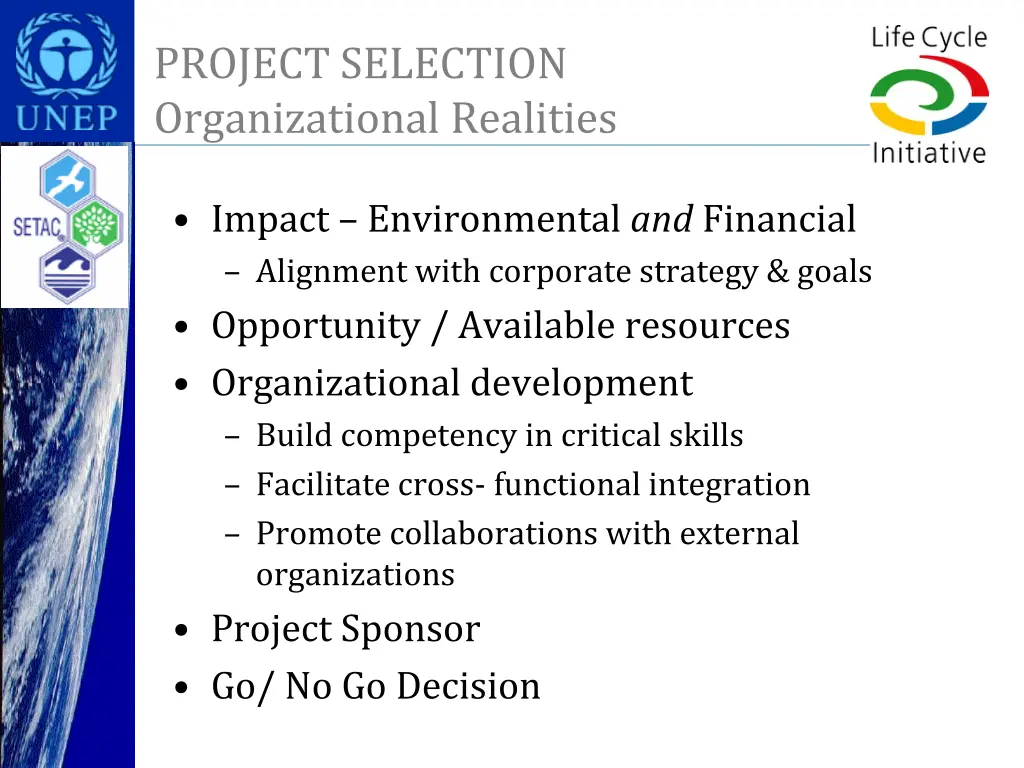 project selection organizational realities