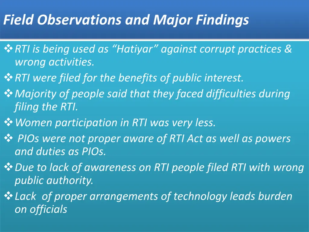 field observations and major findings