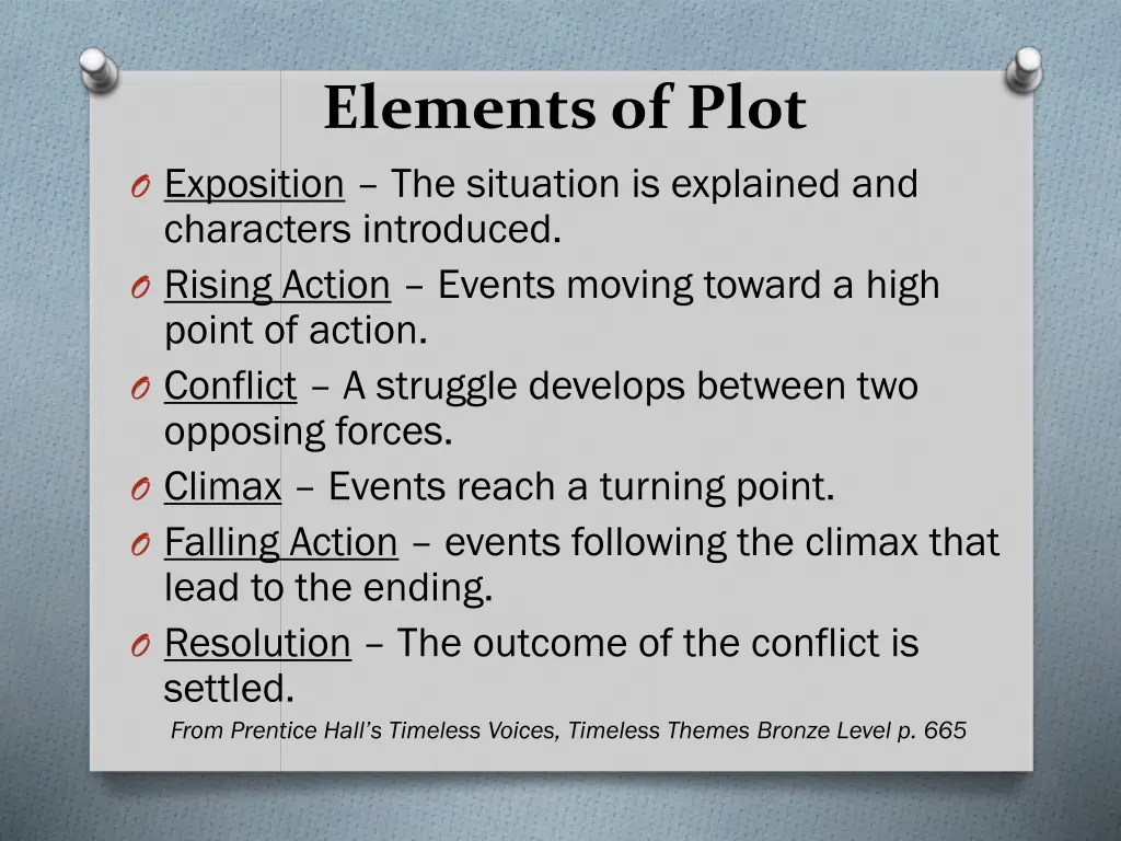 elements of plot o exposition the situation