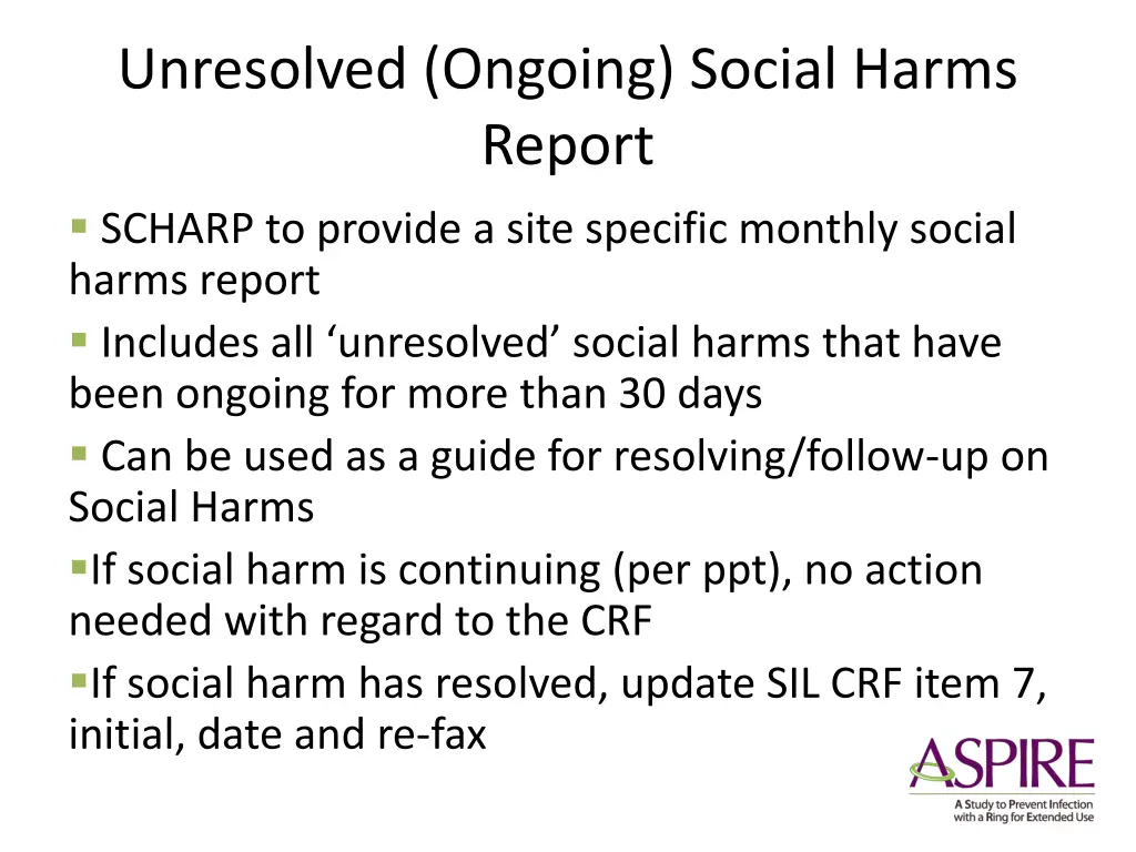 unresolved ongoing social harms report scharp