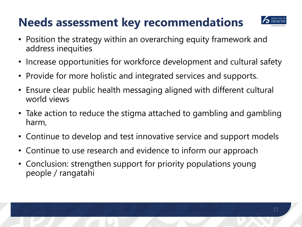 needs assessment key recommendations position