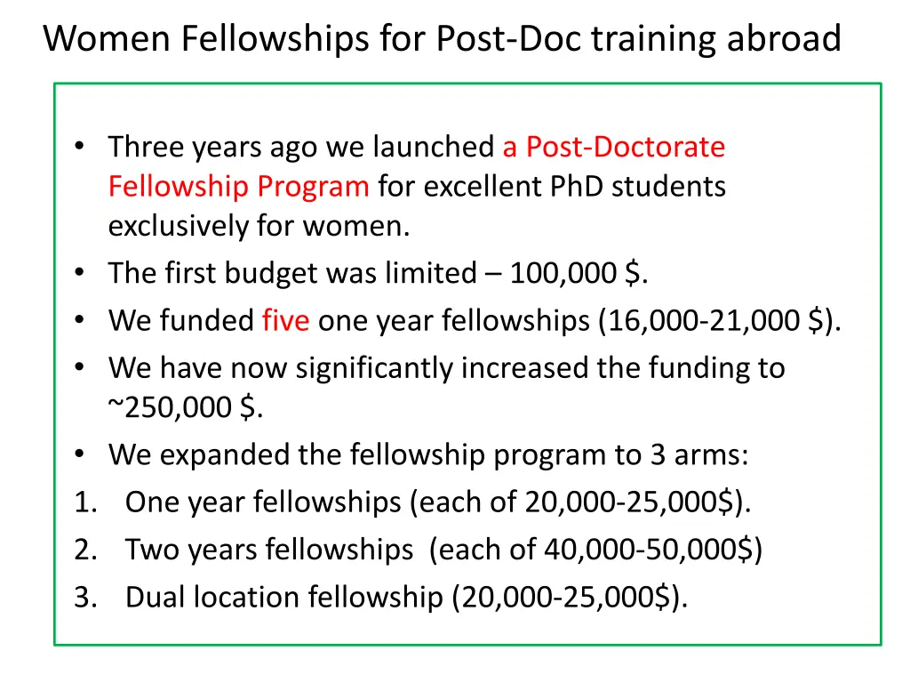 women fellowships for post doc training abroad