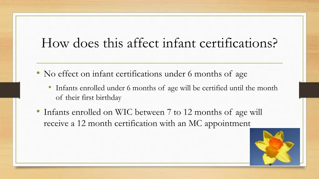 how does this affect infant certifications