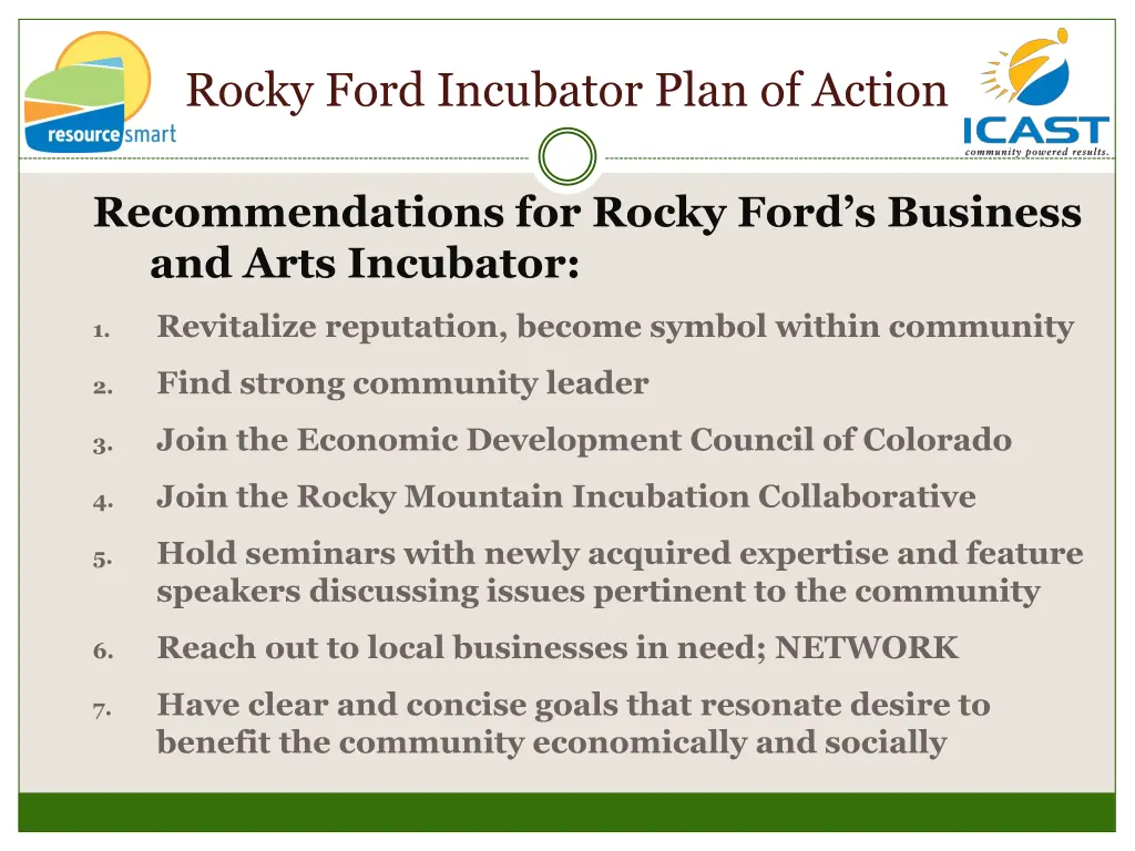 rocky ford incubator plan of action