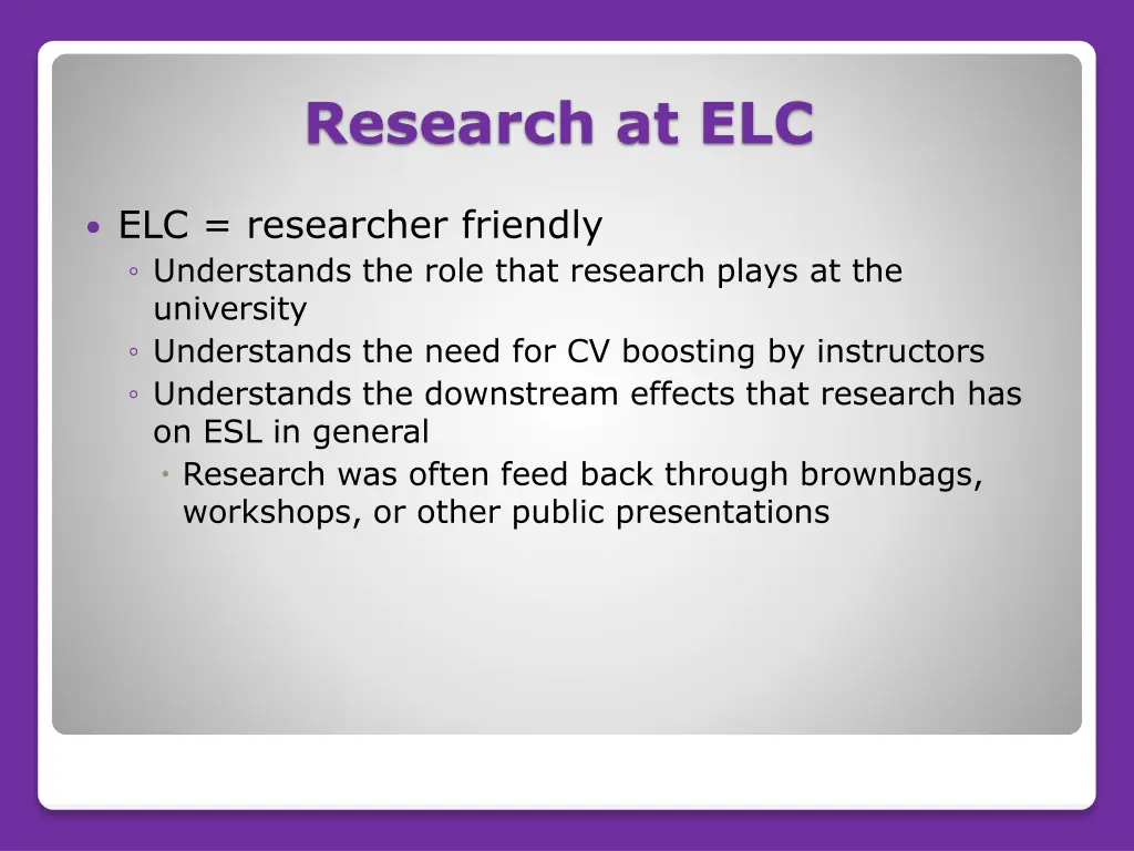 research at elc