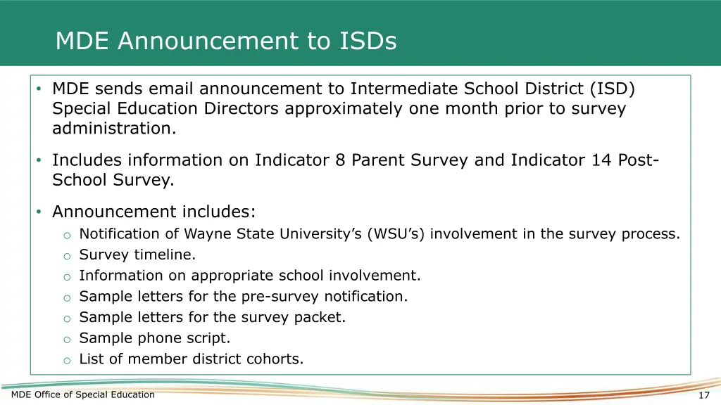 mde announcement to isds