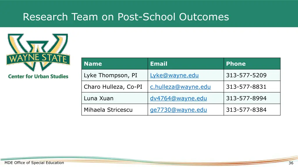 research team on post school outcomes