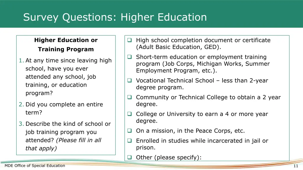 survey questions higher education