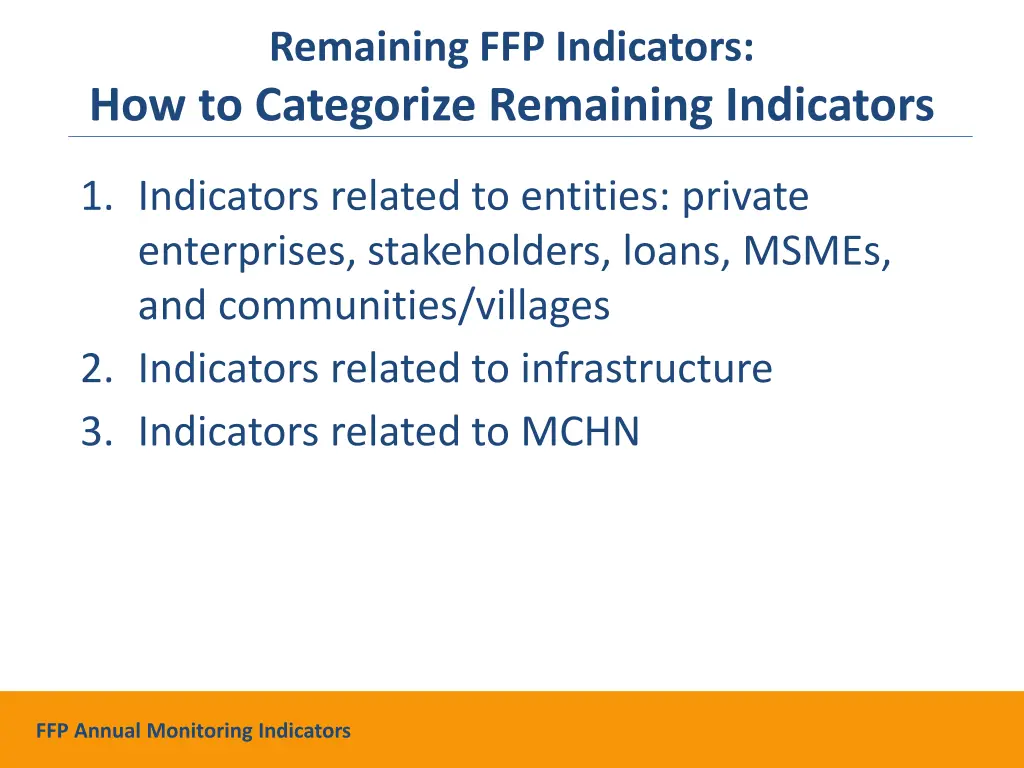 remaining ffp indicators how to categorize