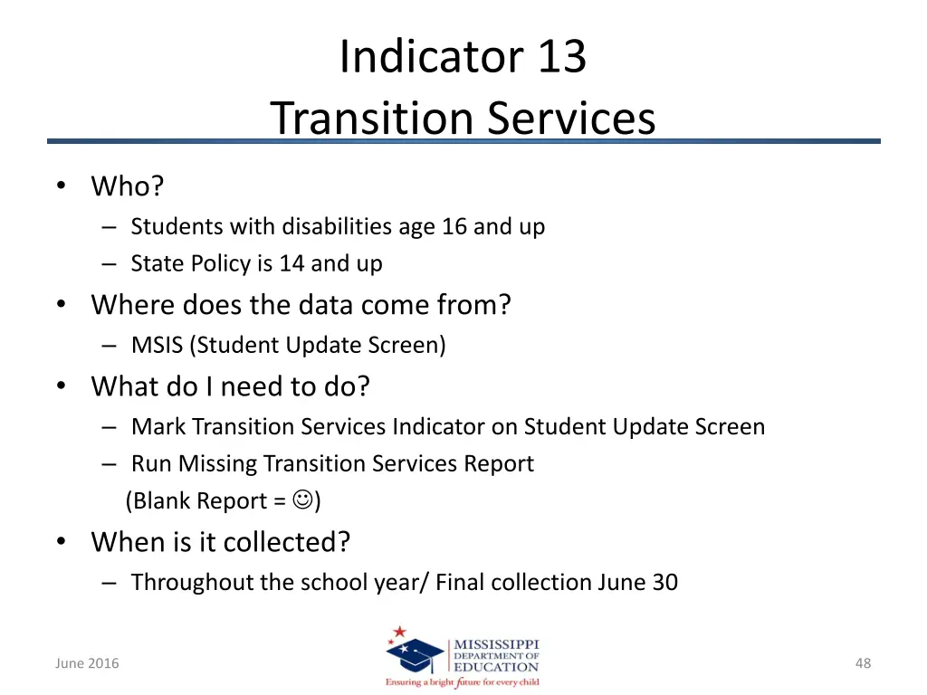 indicator 13 transition services