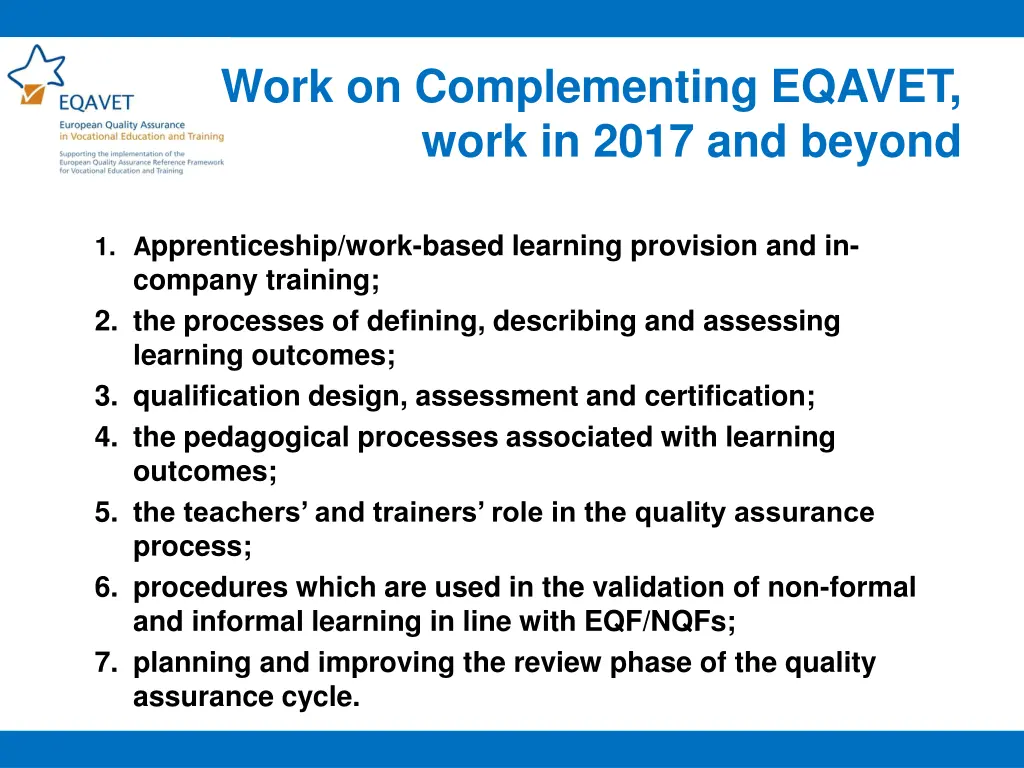 work on complementing eqavet work in 2017