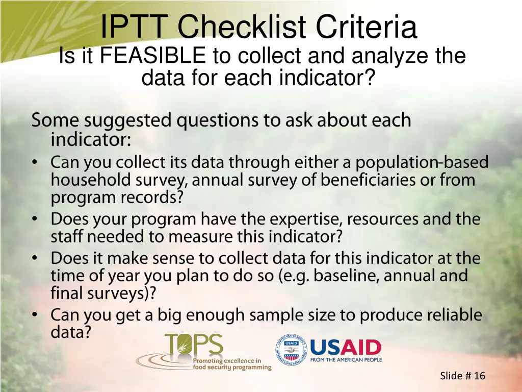 iptt checklist criteria is it feasible to collect 1