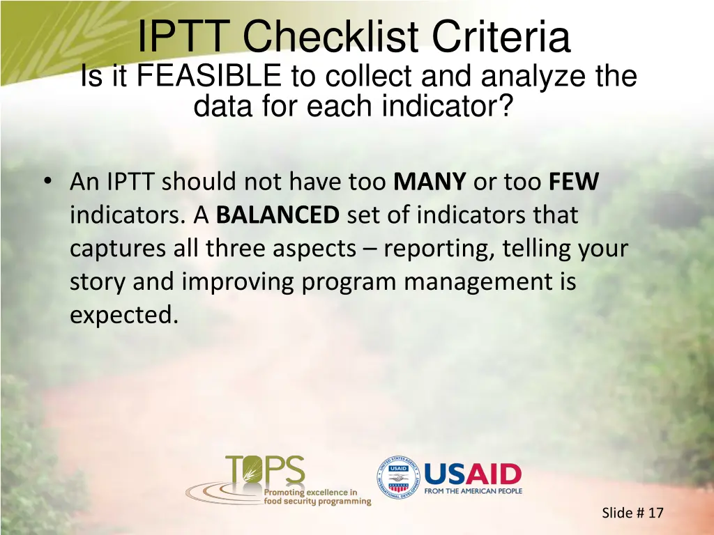 iptt checklist criteria is it feasible to collect 2