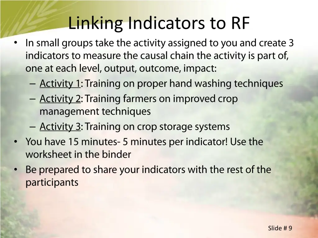 linking indicators to rf