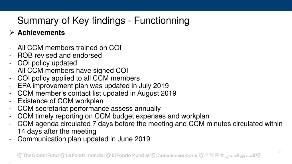 summary of key findings functionning achievements