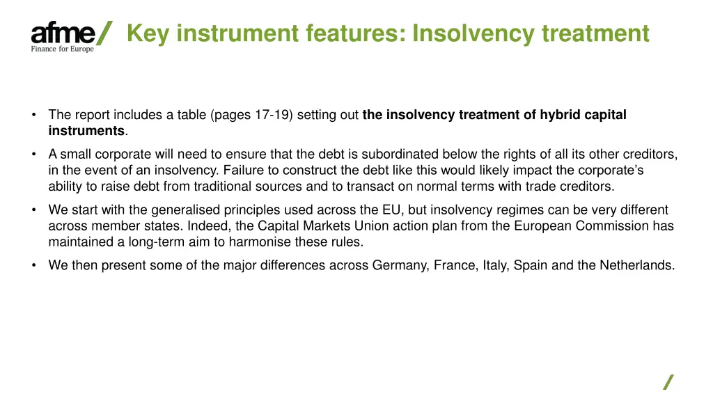 key instrument features insolvency treatment