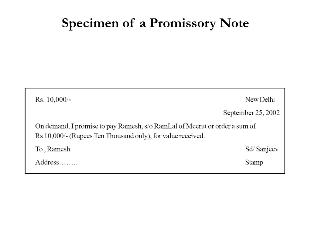 specimen of a promissory note