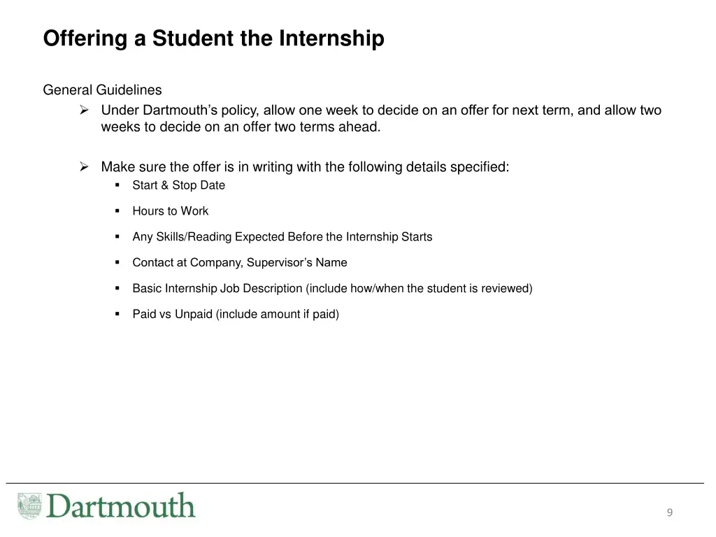 offering a student the internship