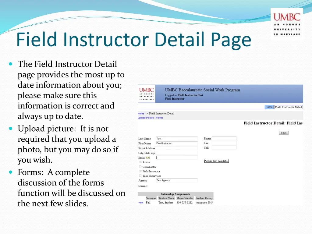 field instructor detail page