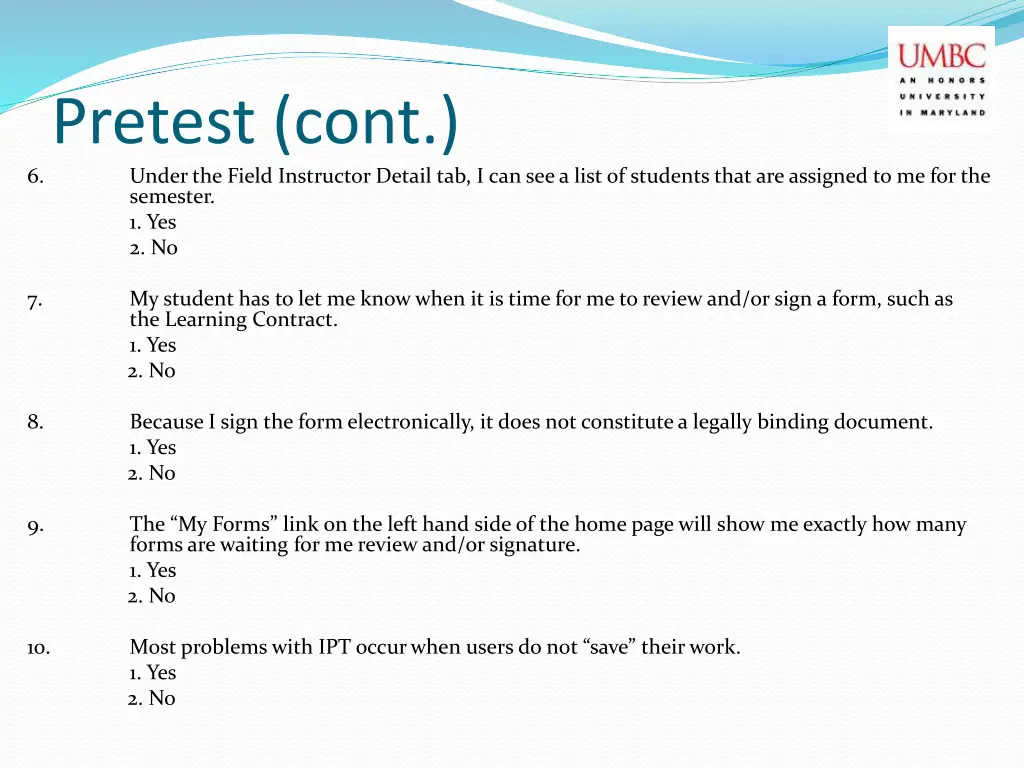 pretest cont under the field instructor detail