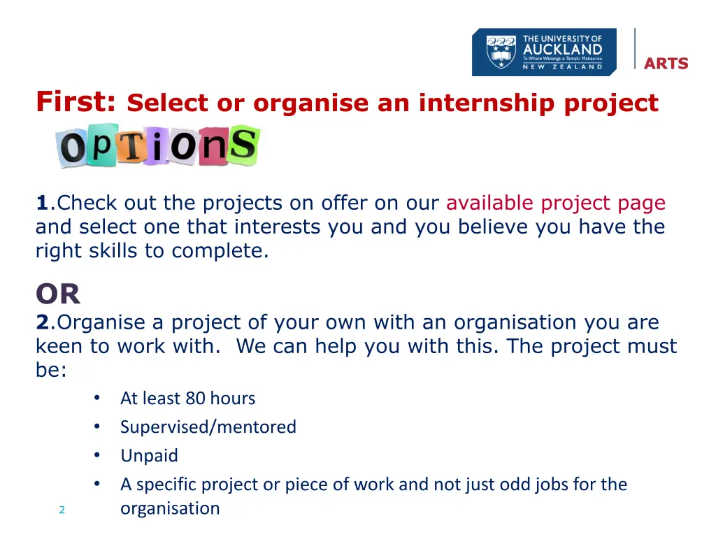 first select or organise an internship project