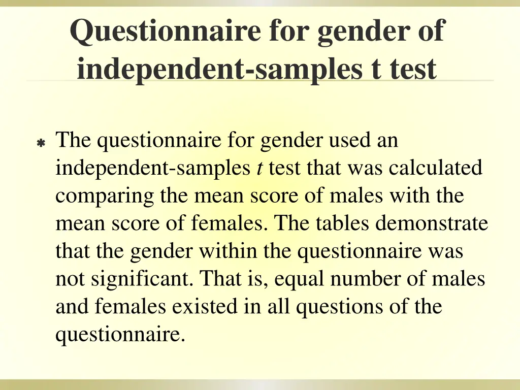 questionnaire for gender of independent samples