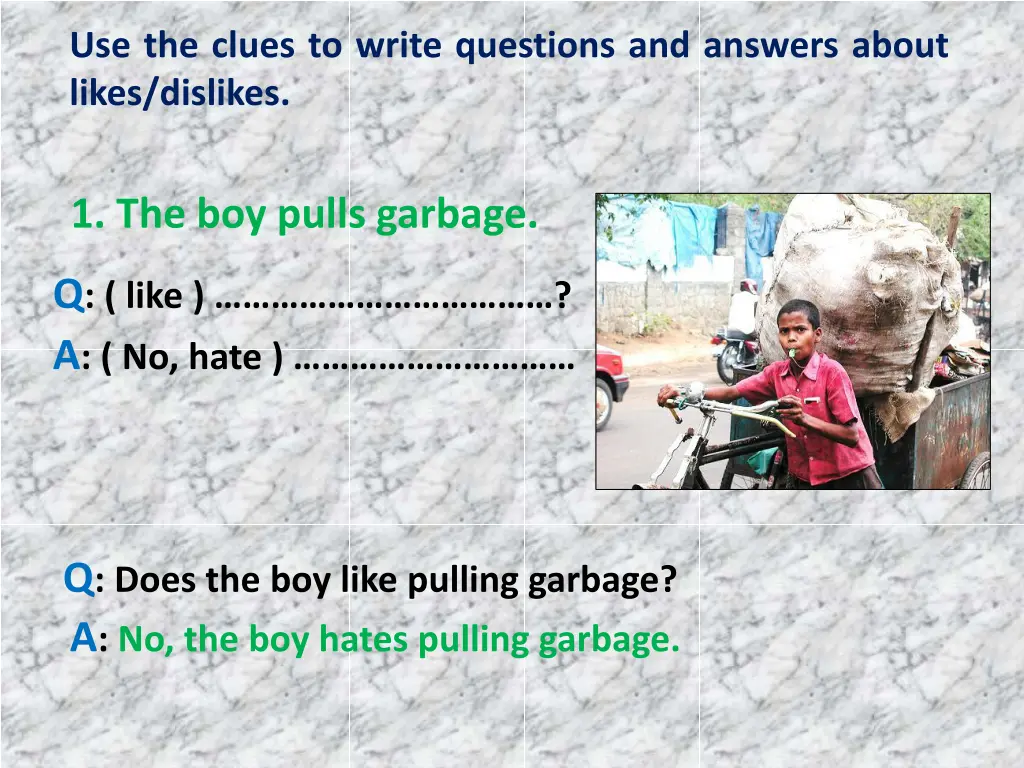 use the clues to write questions and answers 1