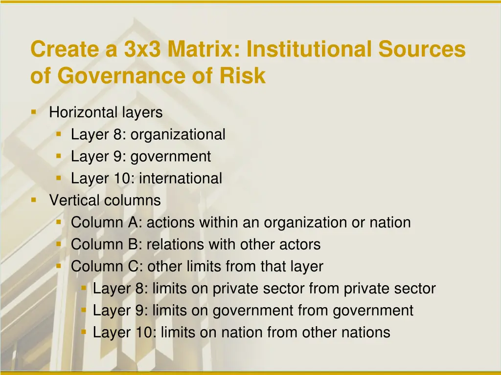 create a 3x3 matrix institutional sources