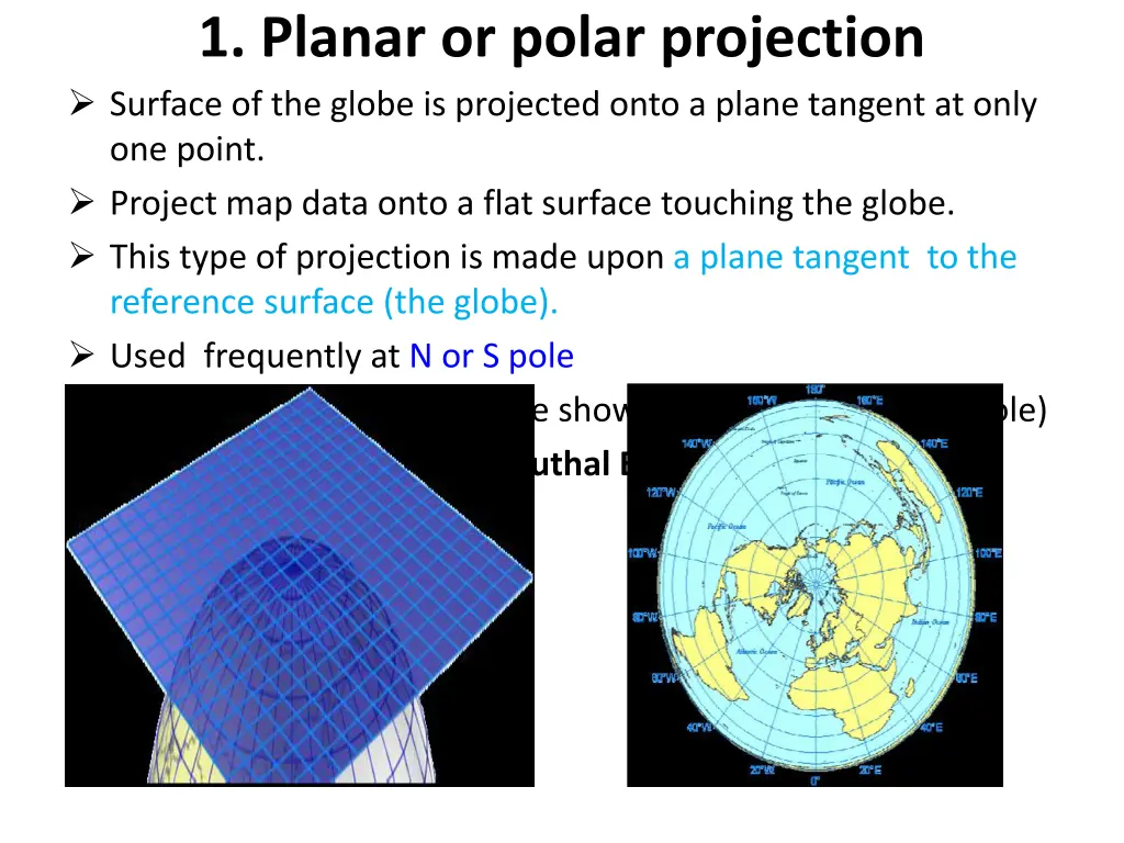 1 planar or polar projection surface of the globe