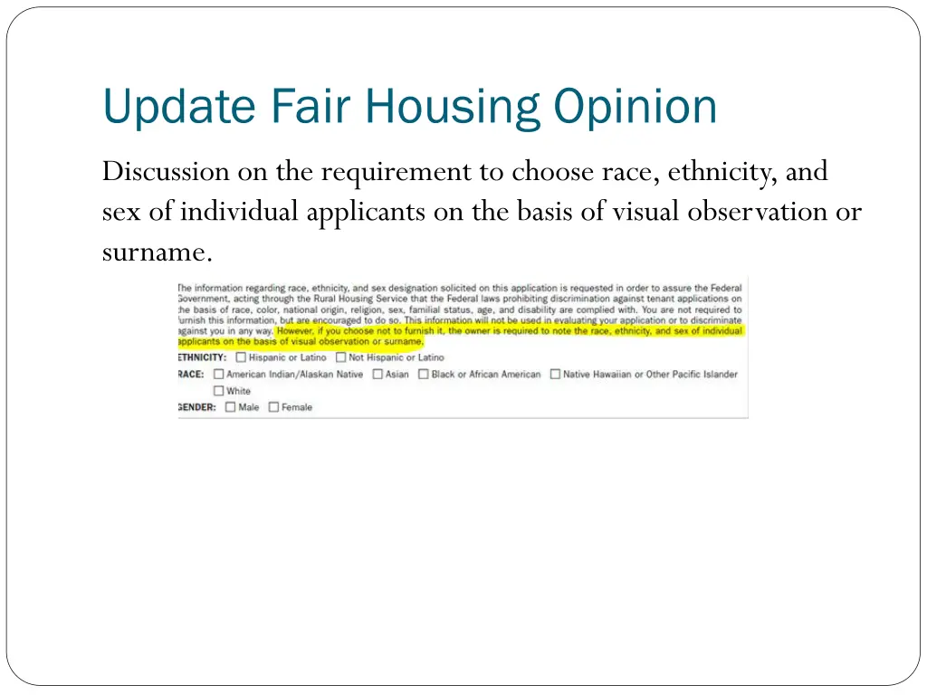 update fair housing opinion