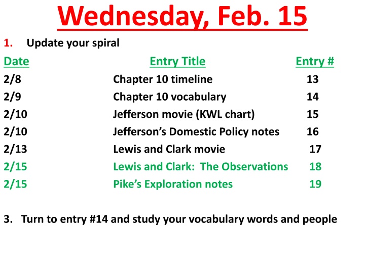 wednesday feb 15 1 update your spiral date entry