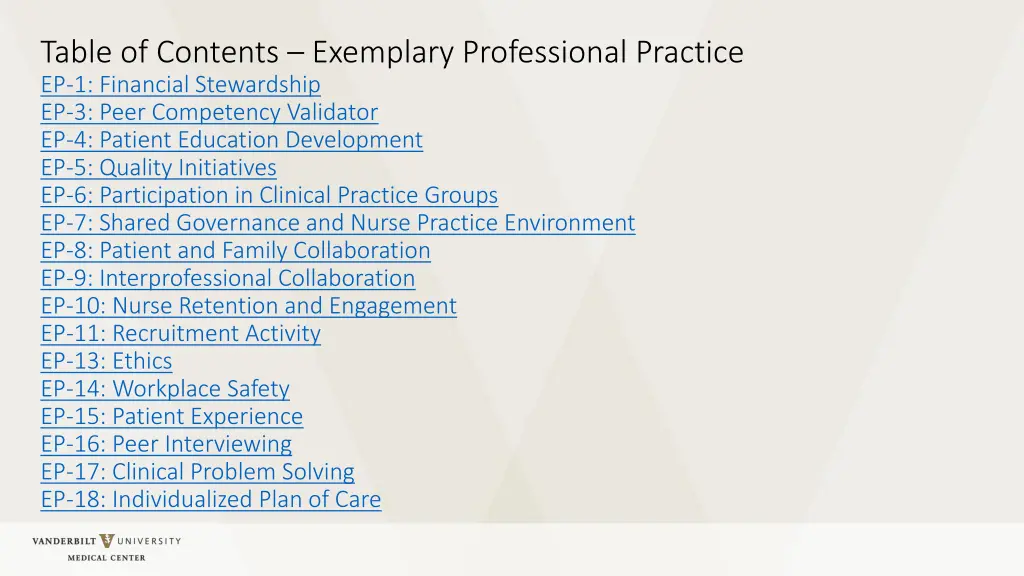 table of contents exemplary professional practice