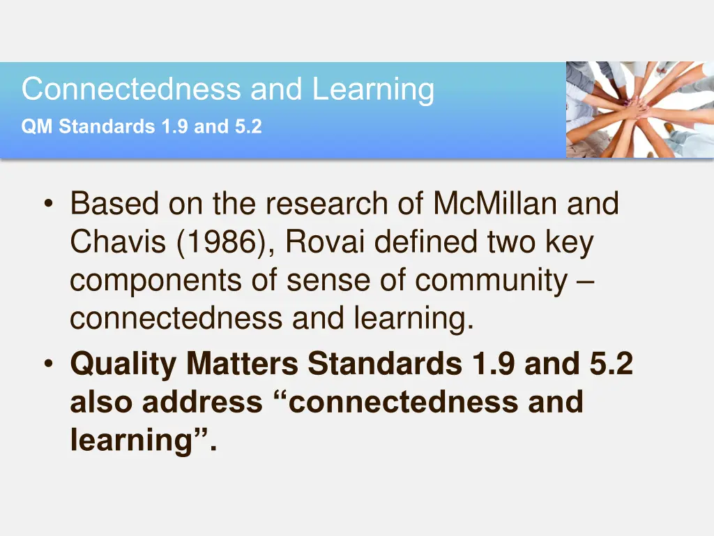 connectedness and learning qm standards