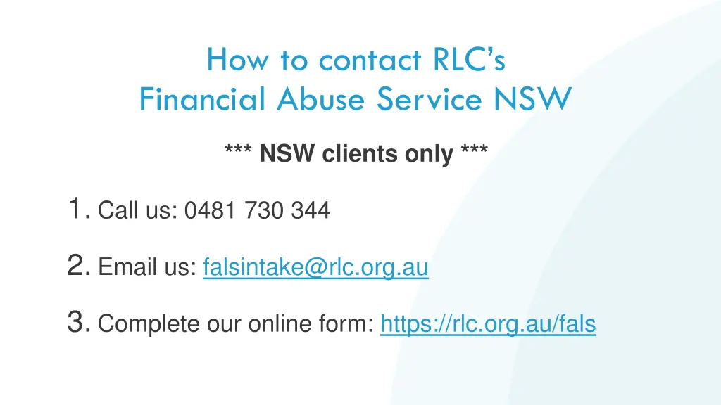 how to contact rlc s financial abuse service nsw