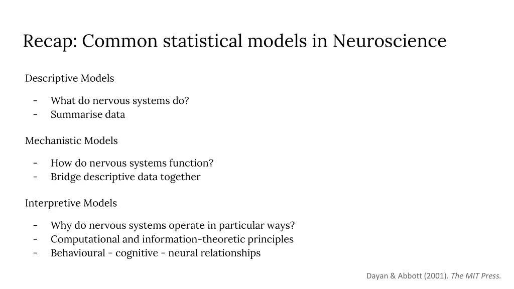 recap common statistical models in neuroscience