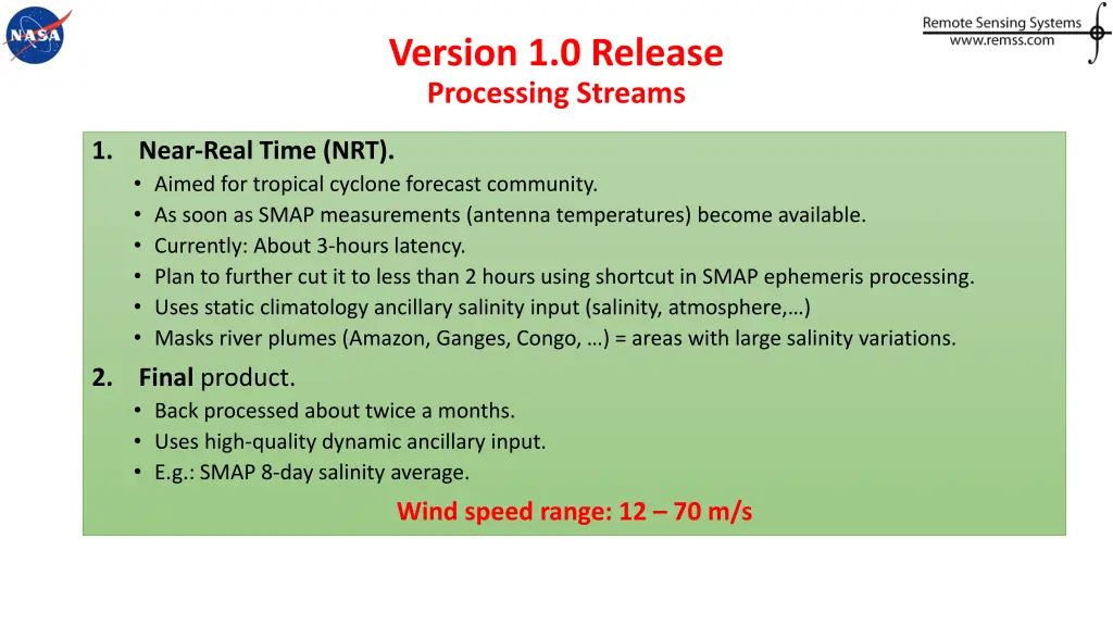 version 1 0 release processing streams