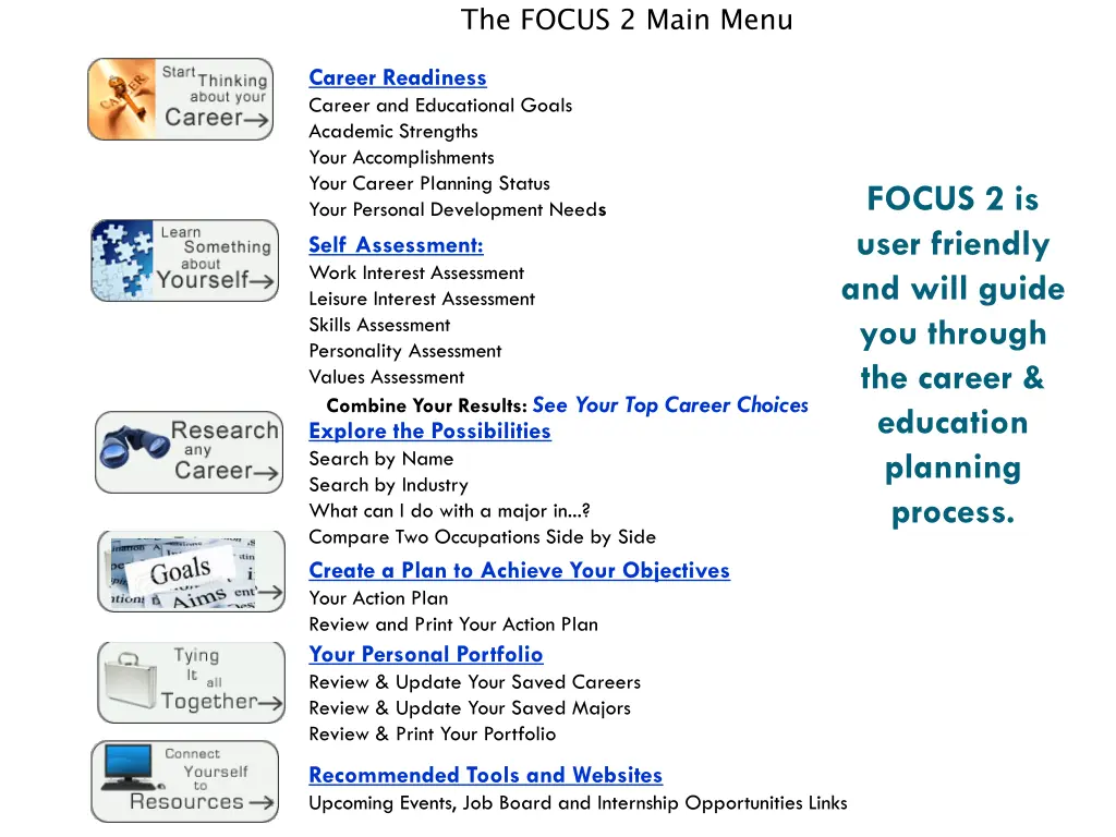 the focus 2 main menu