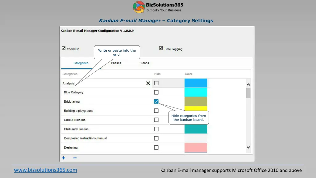 kanban e mail manager category settings