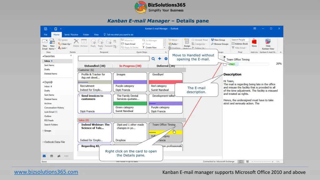 kanban e mail manager details pane