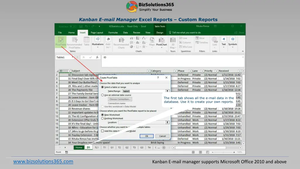 kanban e mail manager excel reports custom reports