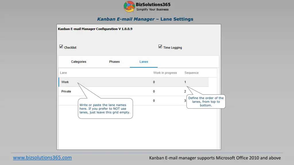 kanban e mail manager lane settings