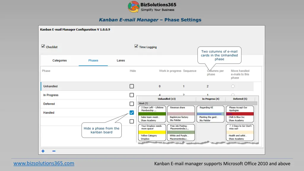 kanban e mail manager phase settings