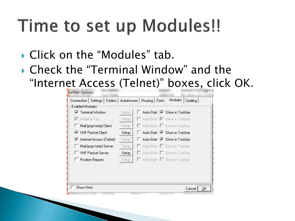 click on the modules tab check the terminal