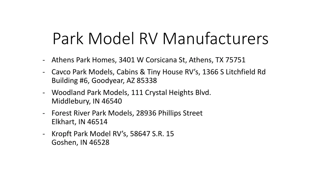 park model rv manufacturers